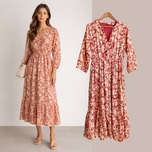 Cotton Floral Tiered Maxi Dress Boho Modest Travel Earthy Beige Feminine Size S